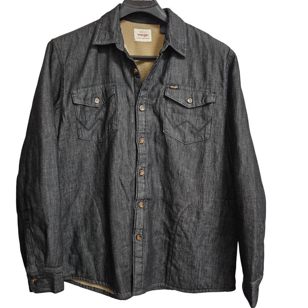 Wrangler Shirt Jacket‎ Mens L Black Denim Sherpa Lined Workwear Western Rugged